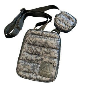Reebok Black Floral Camouflage Quilted Crossbody Sling Bag 2pc Set Pouch Utility